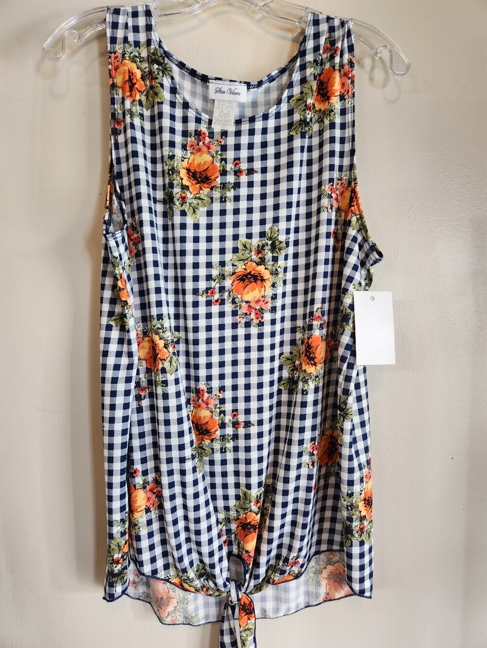 Star Vixen Navy Gingham Floral Tie-Front Sleeveless Top